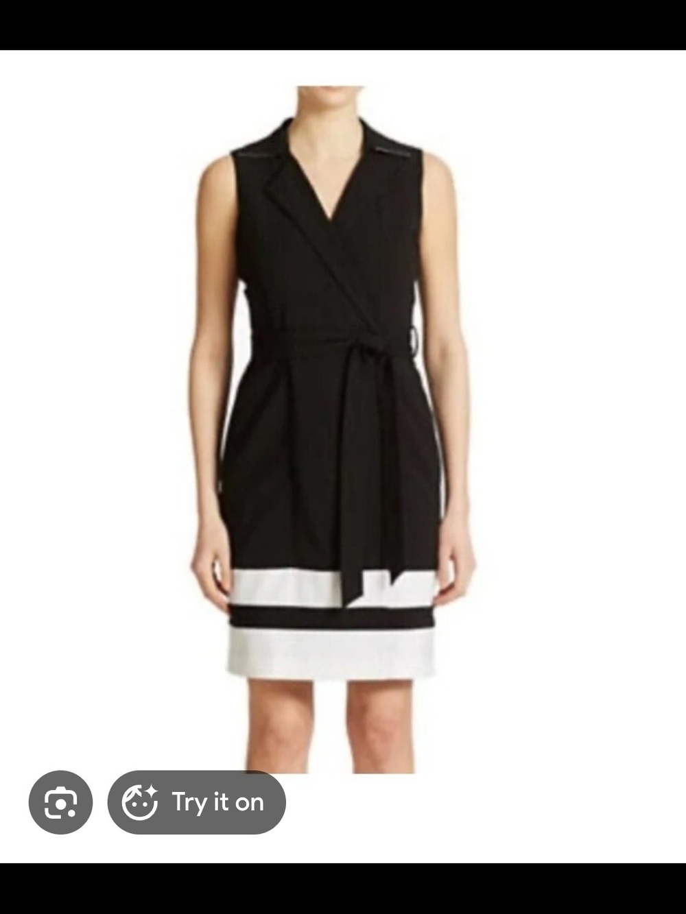 Calvin Klein Black Sleeveless Wrap Dress with White Hem